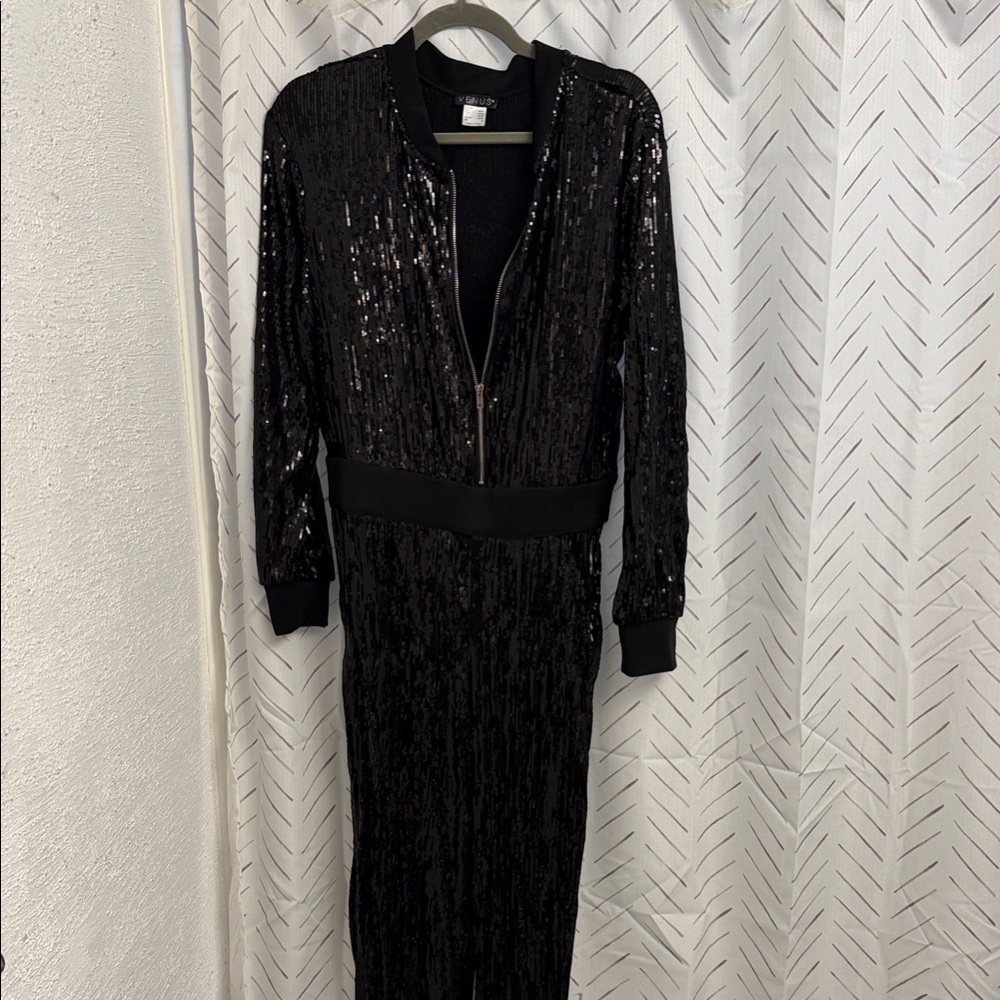 Black Sequin Zip-Front Jumpsuit